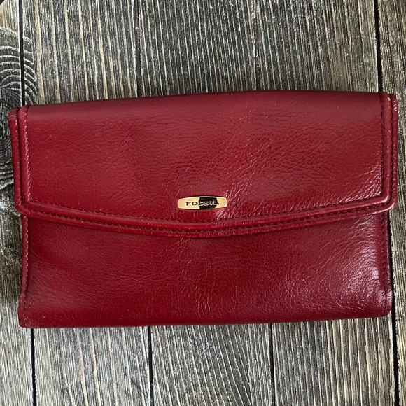 Fossil Wallet Vintage Red Leather Wallet Billfold Trifold Handbag Y2K Coin Pouch - Picture 2 of 8